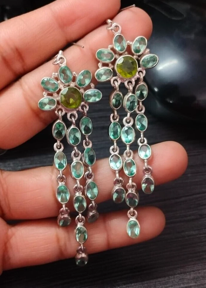 Natural Peridot Gemstone 925 Sterling Silver Chandelier Dangle Earrings Jewelry - Image 1 of 4