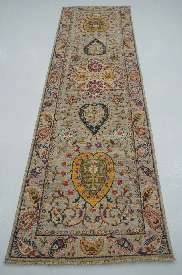 3 x 10 ft Gray Suzani Afghan Hand knotted Floral Runner Rug - Image 1 of 4