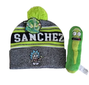Rick and Morty Sanchez Pom Beanie Hat And Pickle Rick Soft Toy Set Bioworld/Jinx - Picture 1 of 10