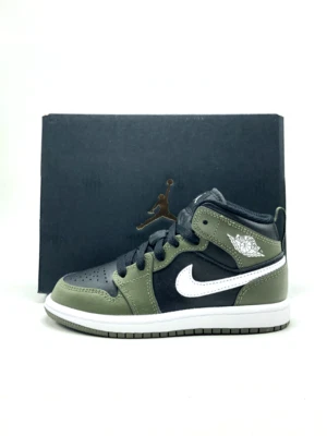 *NEW* Kids NIKE AIR JORDAN 1 MID (PS) Black / White-Medium Olive (DQ8424 092) 👍 - Image 1 of 4