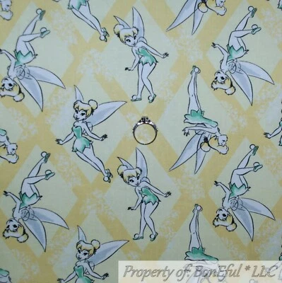 BonEFul Fabric FQ Cotton Quilt Yellow Tinkerbell Fairy Wing Disney Princess Girl - Image 1 of 4