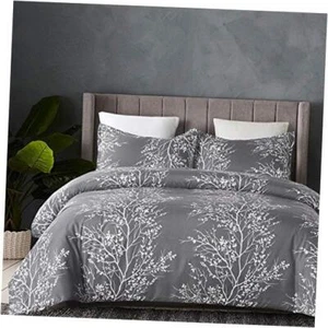 Lightweight Cooling Microfiber Duvet Cover Set, Grey and White Floral - Picture 1 of 7