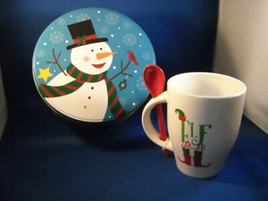 *LOT OF2  6 1/2" ROUND COOKIE TIN W/SNOWMAN & 4 1/2" CUP WITH SPOON [ELF DESIGN] - Bild 1 von 4