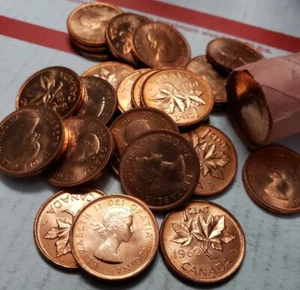 TWO(2) X RED UNC 1962 CANADA CENT QUEEN ELIZABETH II 98% COPPER PENNY ROLL WORLD - Picture 1 of 2