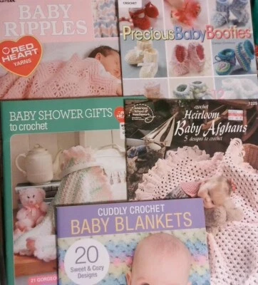 Lot 5 crochet booklets BABY shower booties ripples afghans blankets, jumper, cap - Image 1 of 2