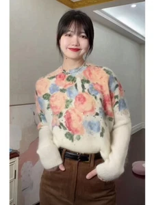 sezane women's printed crewneck long-sleeved sweater - Picture 1 of 14