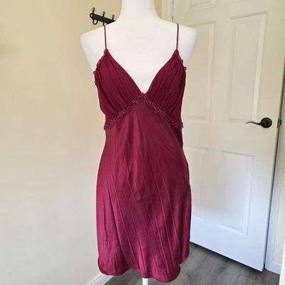 Vtg 90s Y2K Victoria Secret L 100% Silk Babydoll Slip Dress Crimson Red Eyelet - Image 1 of 4