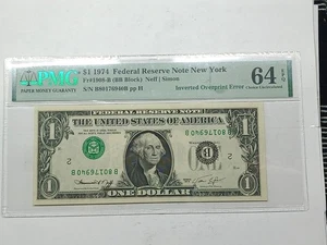 PMG 64 EPQ - 1974 $1 FR#1908-B New York *Inverted Overprint Error* RARE & UNIQUE - Picture 1 of 16