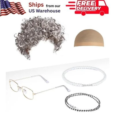 Peluca Abuela Vieja Dama Conjunto de Disfraz Mujer Anciana Accesorios Pelucas Divertidas Gris Claro Foto 1 de 4