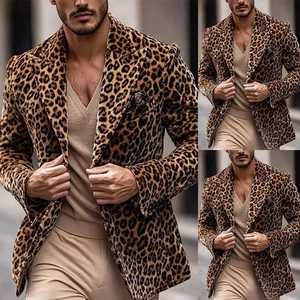 Velvet Men Blazer Classic Leopard Print Peak Lapel Tuxedo Trendy Jacket Coat - Picture 1 of 5