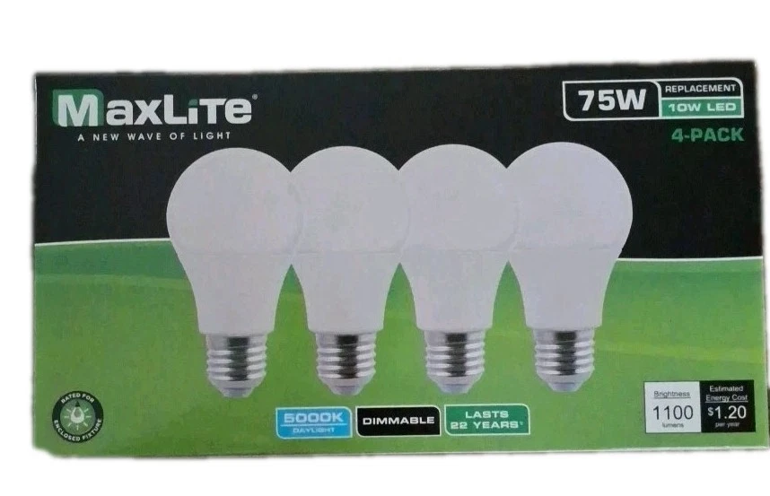 4 MaxLite LED 10 vatios blanco luz de día brillante A19 bombilla base media 75 equivalente Foto 1 de 1