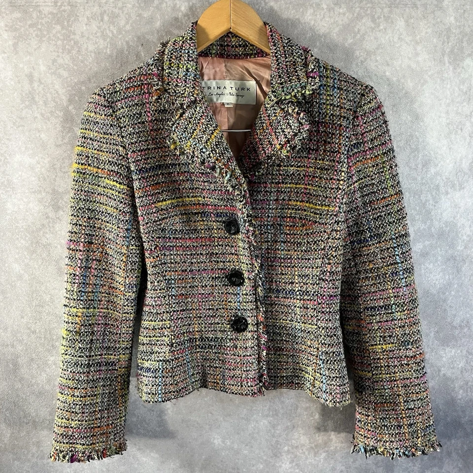 Блейзер женский Trina Turk 2 шерстяная смесь многоцветный твид опрятный укороченный разделенный рукав - Изображение 1 из 4