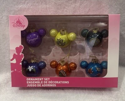 New Disney Parks Mickey Icon Princess Ornament Box Set of 6 Rapunzel Mulan - Image 1 of 2