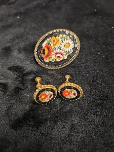 Juego de broches florales vintage italianos de micro mosaico y pendientes con tornillo - Imagen 1 de 11