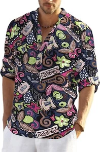 Coofandy Men's Cotton/Hemp Henley Shirt Long Sleeve Hippie Casual Beach M - Picture 1 of 12