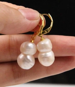 huge baroque white keshi reborn peanut pearl dangle earrings 18KGP hook P155 - Picture 1 of 4