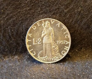 1957 Vatican 2 lire, 20'th year of Pope Pius XII, mint: 30,000, BU, KM-50 (VA7) - Picture 1 of 6