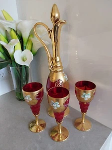 Wine decanter tre fuochi, 3 Ruby & 24k glasses. White enamelled flowers, Italian - Picture 1 of 23