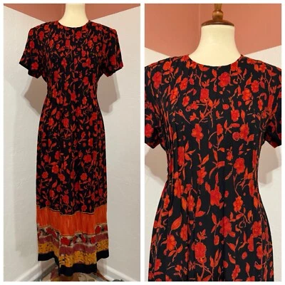 VTG 90s Positive Attitude Black Rayon Floral Dress Pleated Front Midi Size 10 - Image 1 of 4