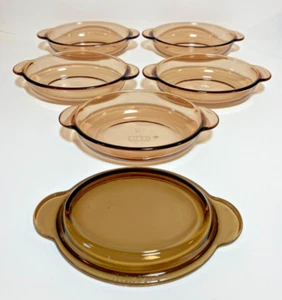 6 PC - CORNING WARE VISIONS V-14-B HEAT N EAT AMBER OVAL CASSEROLE & PYREX LID - Picture 1 of 8