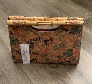 Alessia Floral Print Cork Clutch With Bamboo Handle Handbag New - Picture 1 of 12