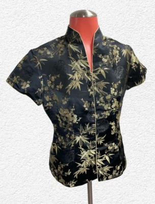 VTG Oriental Black Silk hand knotted button up gold bamboo embellished top M - Image 1 of 4