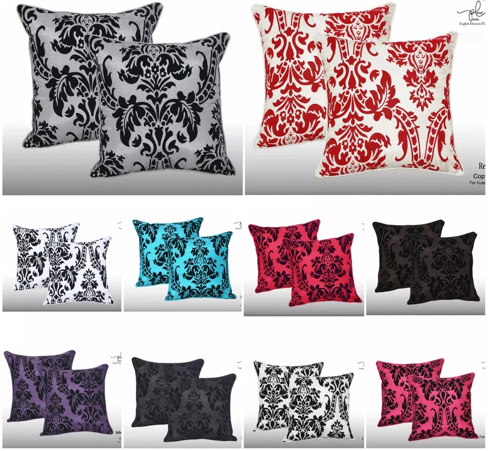 PACK OF 2 LUXURY ENGLISH DAMASK FLOCK CUSHION COVERS 17" X 17" TWIN PACK - Image 1 of 1