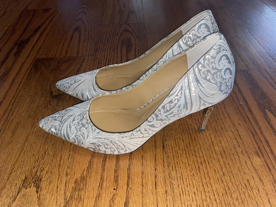 J. Renee Maressa 9 Wide Gray Silver Gold Fabric Heel - Image 1 of 4