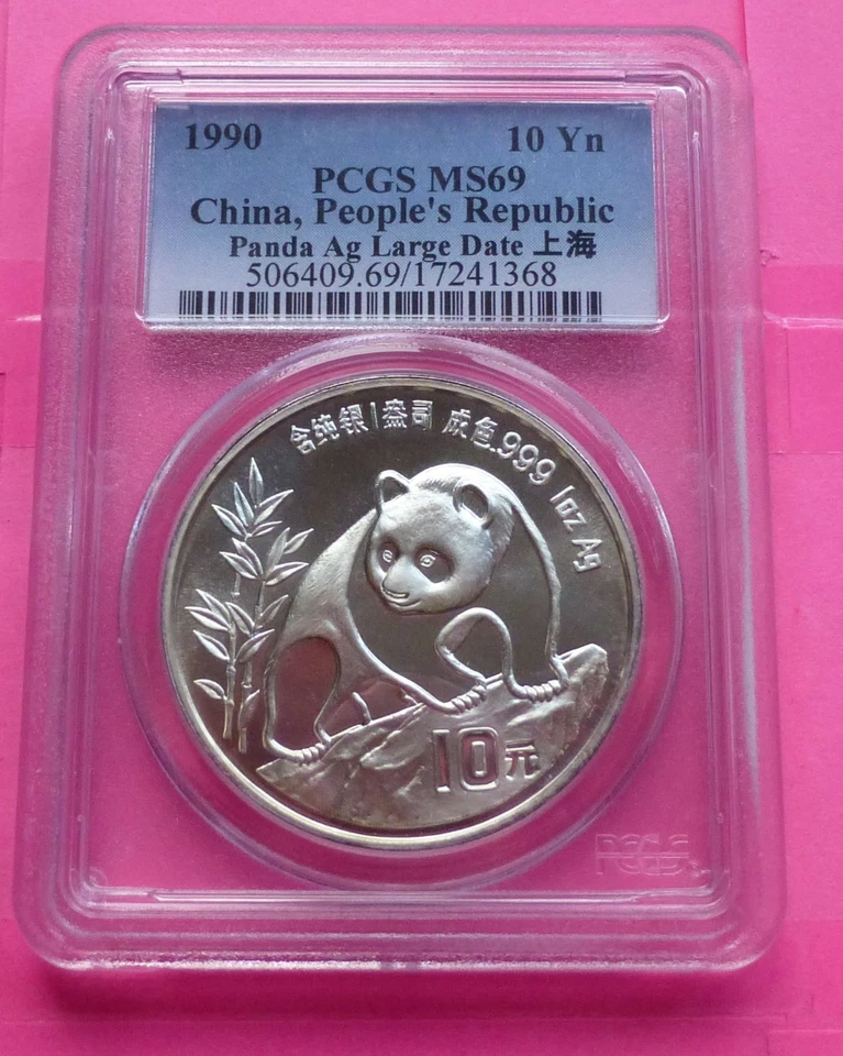 1990 CHINA SILVER PANDA 10 YUAN LARGE  DATE PCGS MS69 - Image 1 of 2