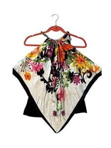 Cache Vintage Silk Scarf Halter Top Chain Neck Black Colorful Floral Y2K Size S - Picture 1 of 13