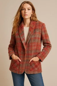 Vintage Jeremiah S Damen 6 Blazer rot grau kariert Wollmantel Schalkragen Revers - Bild 1 von 9