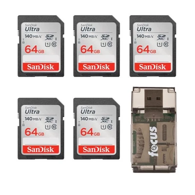 SanDisk 64GB 140 MBs SDXC Memory Card 5 pack All In One Card Reader FAST - Image 1 of 4
