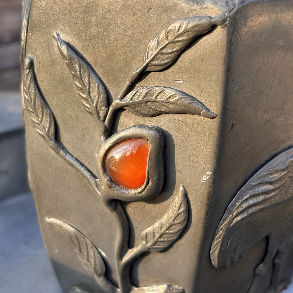 Caddies de té chinos antiguos de peltre con bandeja asas de jade piedras semipreciosas Foto 1 de 4