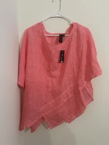 NWT FOCUS CASUAL LIFE Women Large Oversized Poncho Top Lagenlook 100% Linen Pink - Picture 1 of 6