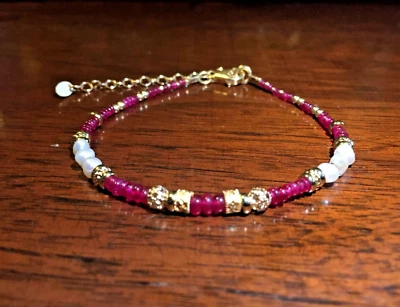 Natural Designed Ruby & Pearl Beads Bracelet 18k Gold Plated Handmade Fine Gift - Image 1 of 4