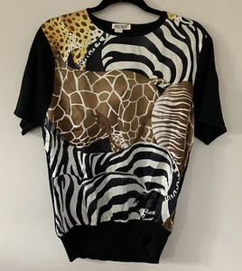 Blusa Top Camiseta Seda Massardi Talla L Negra Blanca Amarilla Marrón Estampado Animal - Imagen 1 de 6