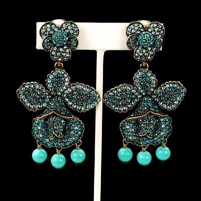 HEIDI DAUS BRAZILIAN BEAUTIES TURQUOISE BLUE CRYSTAL ORCHID DANGLE CLIP EARRINGS - Image 1 of 4
