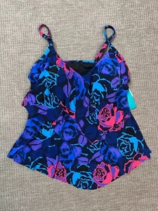 Aqua Green Women's Swimsuit Tankini Top - Blue/Pink Floral - Tiered Top Size 1X - Picture 1 of 6