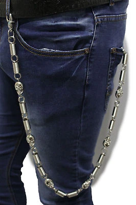 Uomo Lungo Portafoglio Catene Metallo Argento Biker Jean Rock Teschio Scheletro - Immagine 1 di 4