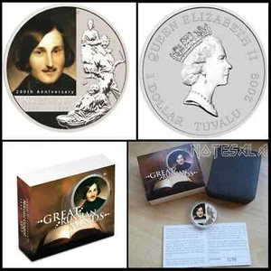 TUVALU 1$ DOLLAR 2009 Great Russian Minds Nikolai Gogol 1 Oz Silver 999 Coin+BOX - Picture 1 of 5
