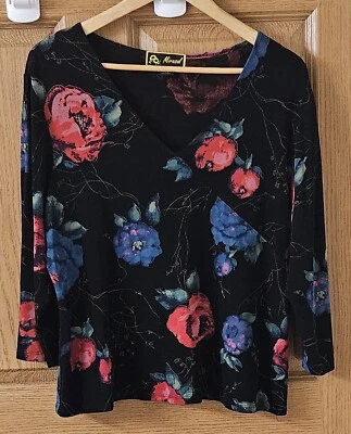 Mirasol XL Top, Black, 3/4 Sleeve, Red Blue Floral Print, Stretch, V-neck, USA - Image 1 of 4