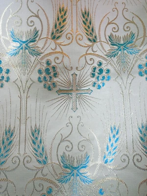 Aqua Blue Metallic Gold Brocade Fabric Harvest Liturgical Cross Religious Sewing - Image 1 of 4