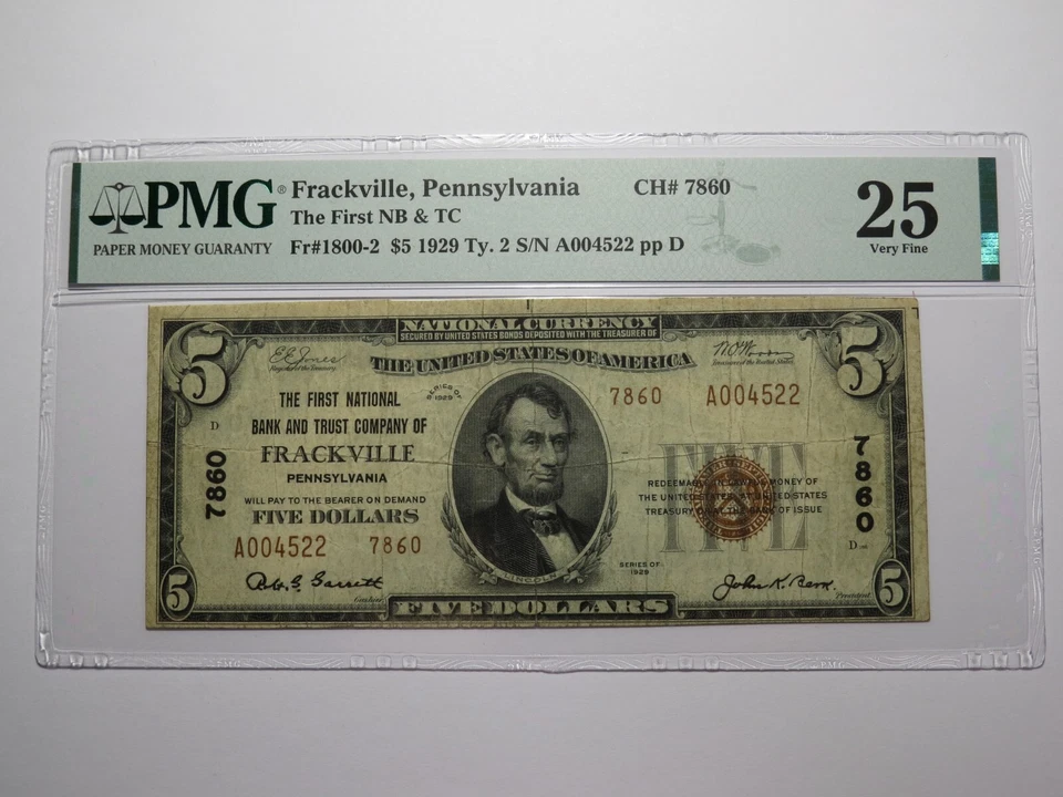 $5 1929 Frackville Pennsylvania PA National Currency Bank Note Bill #7860 VF25 - Image 1 of 4