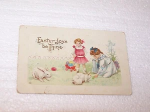 Vtg 1912 ? Easter Joys be Thine postcard girls bunny rabbits wagon eggs lily - Picture 1 of 2