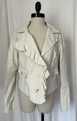 CAbi 325 Ruffle Up Cream Waxed Asymmetrical Jacket Blazer Linen Solid Womens M - Image 1 of 4