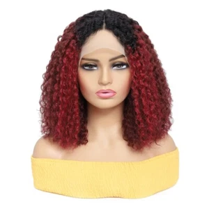 Jerry lockig weich Echthaar 4*4 T Teil Lace Perücke 16" OT-Burgund/99J  - Bild 1 von 4