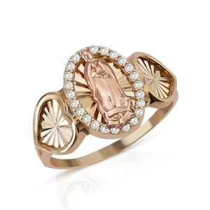 Anillo de dos tonos con lados de corazón Virgen María Guadalupe de oro 14k - Imagen 1 de 4