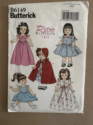 BUTTERICK RETRO PATTERN 18" DOLL CLOTHES B6149 DRESS CAPE BONNET UNCUT NEW - Image 1 of 2