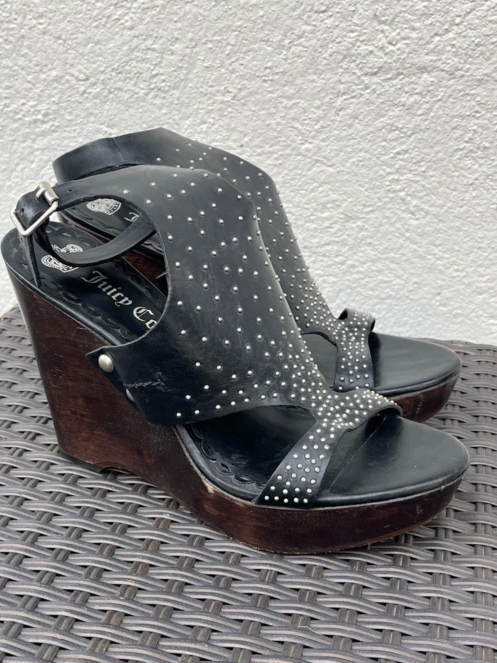 Juicy Couture Black Leather Wedges 9.5 Studded Wood High Heels Buckle Womens - Image 1 of 4