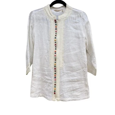 Blusa SOFT Surroundings Lino Blanca con Acentos de Botones Coloridos, Mujer Pequeña Foto 1 de 4